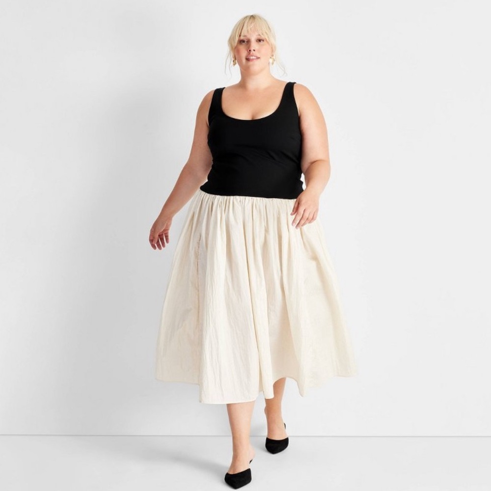 Cream Full Midi Skirt with Gathered Waist